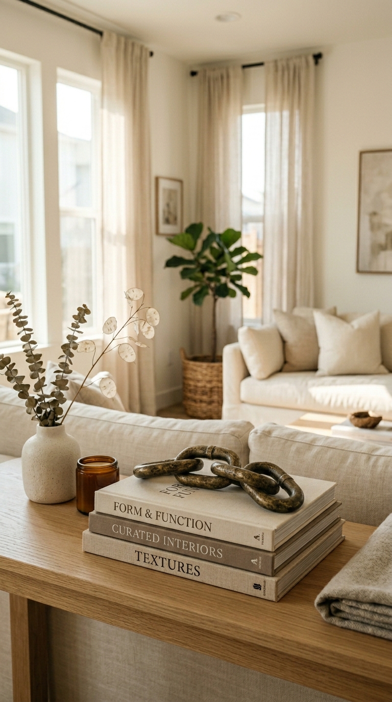 A sleek metallic antique brass interlocking chain link sculpture resting on a stack of neutral home design books.