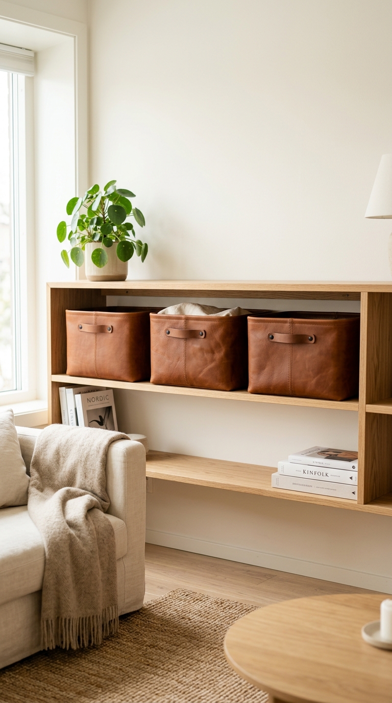 Three sleek cognac brown faux leather storage baskets with metal handles on a minimalist living room shelf unit.