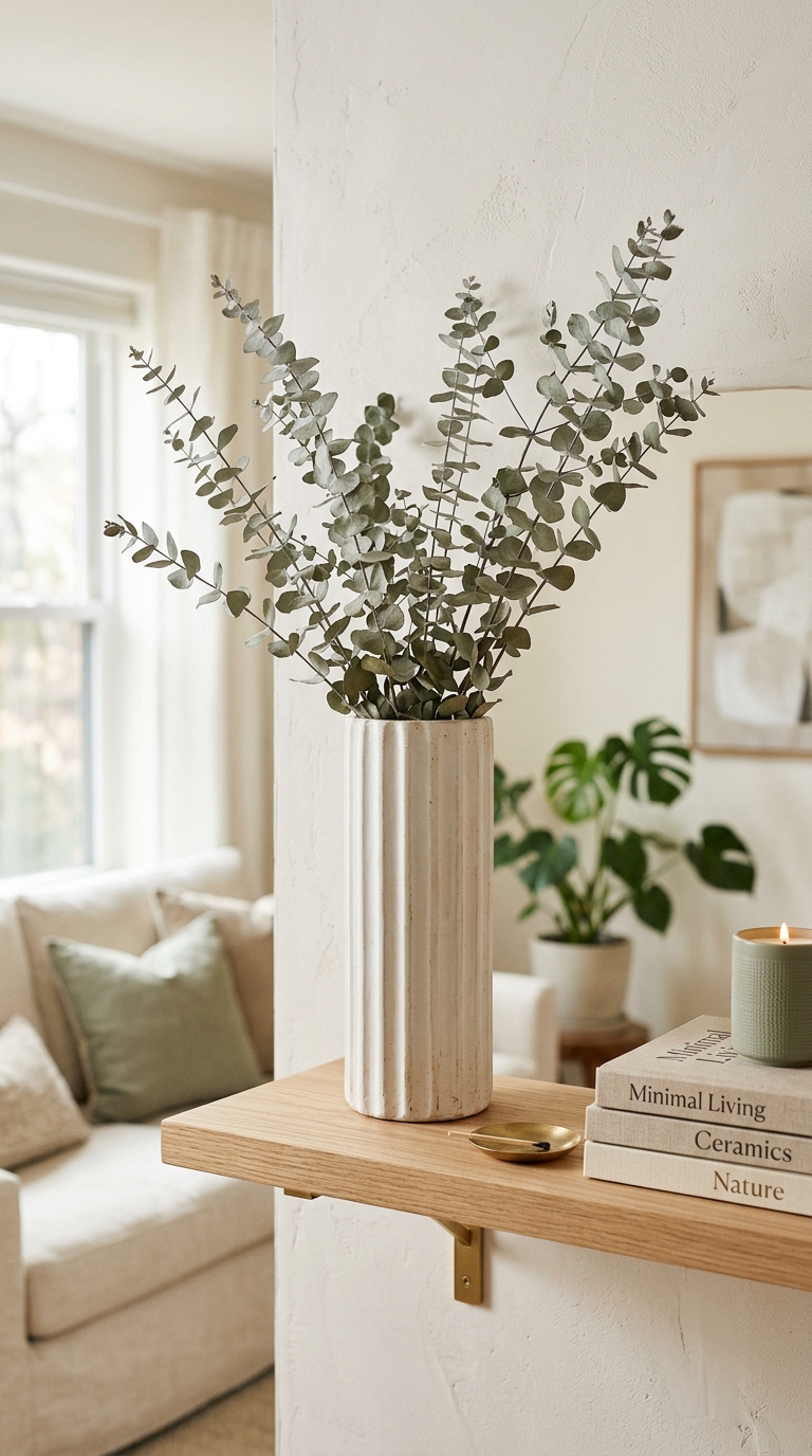A beautiful off white textured fluted plaster column vase holding dried eucalyptus sprigs on a minimalist living room shelf layout.