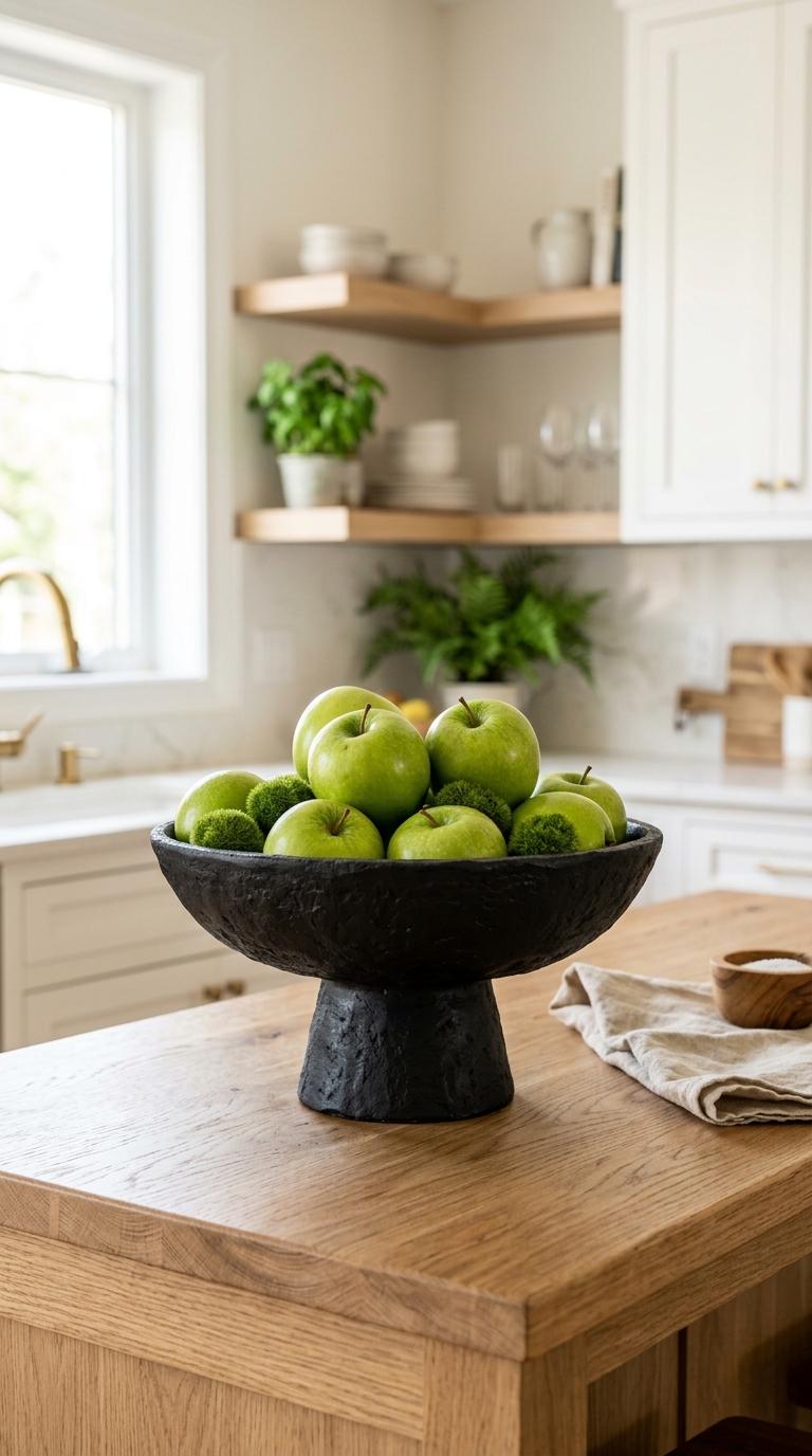 A sleek matte black DIY pedestal bowl holding fresh green pears on a minimalist wooden kitchen counter.