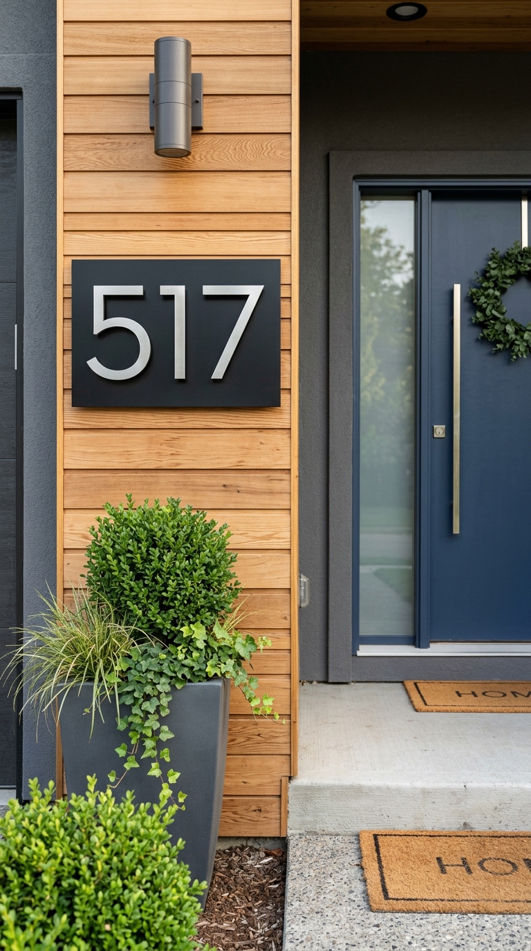 A modern house number display plaque with silver digits on a matte black background mounted onto warm wood siding next to a blue front door.