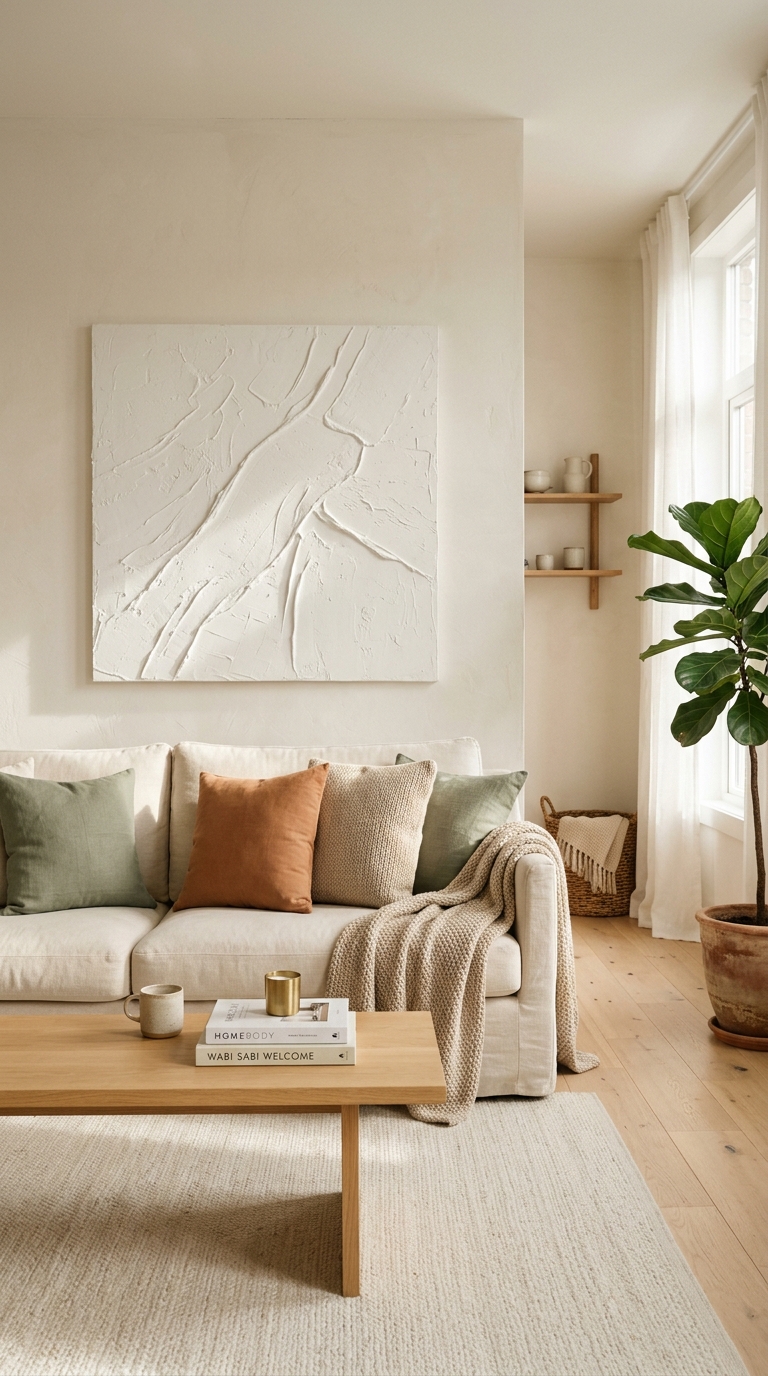 A large minimalist white textured plaster abstract canvas art piece hanging on a wall above a cream linen sofa.