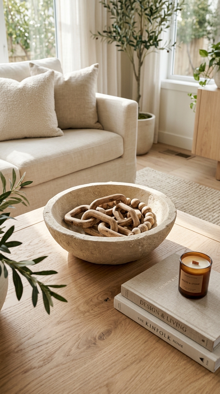 A textured sand colored faux stone bowl holding decorative wooden links on a light oak coffee table.