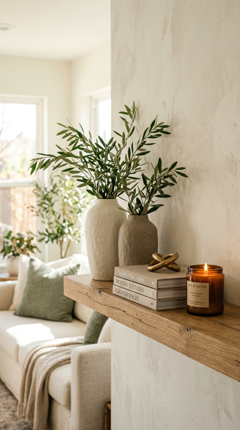 A bright minimalist living room shelf layout featuring smart dollar tree diy luxury home decor textured ceramic vases.