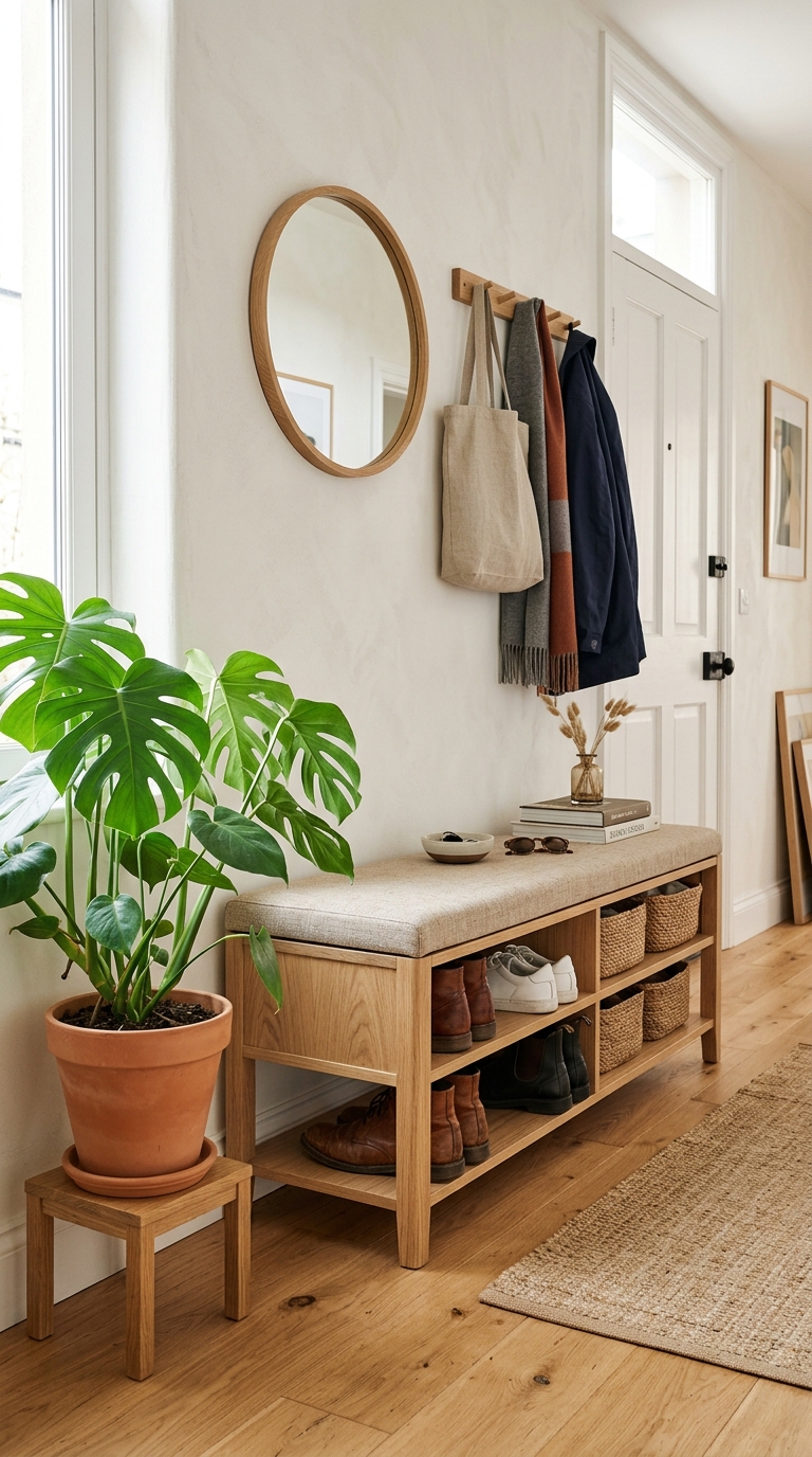 A bright minimalist apartment entryway layout featuring a sleek light oak storage bench with a cream linen cushion and shoes.
