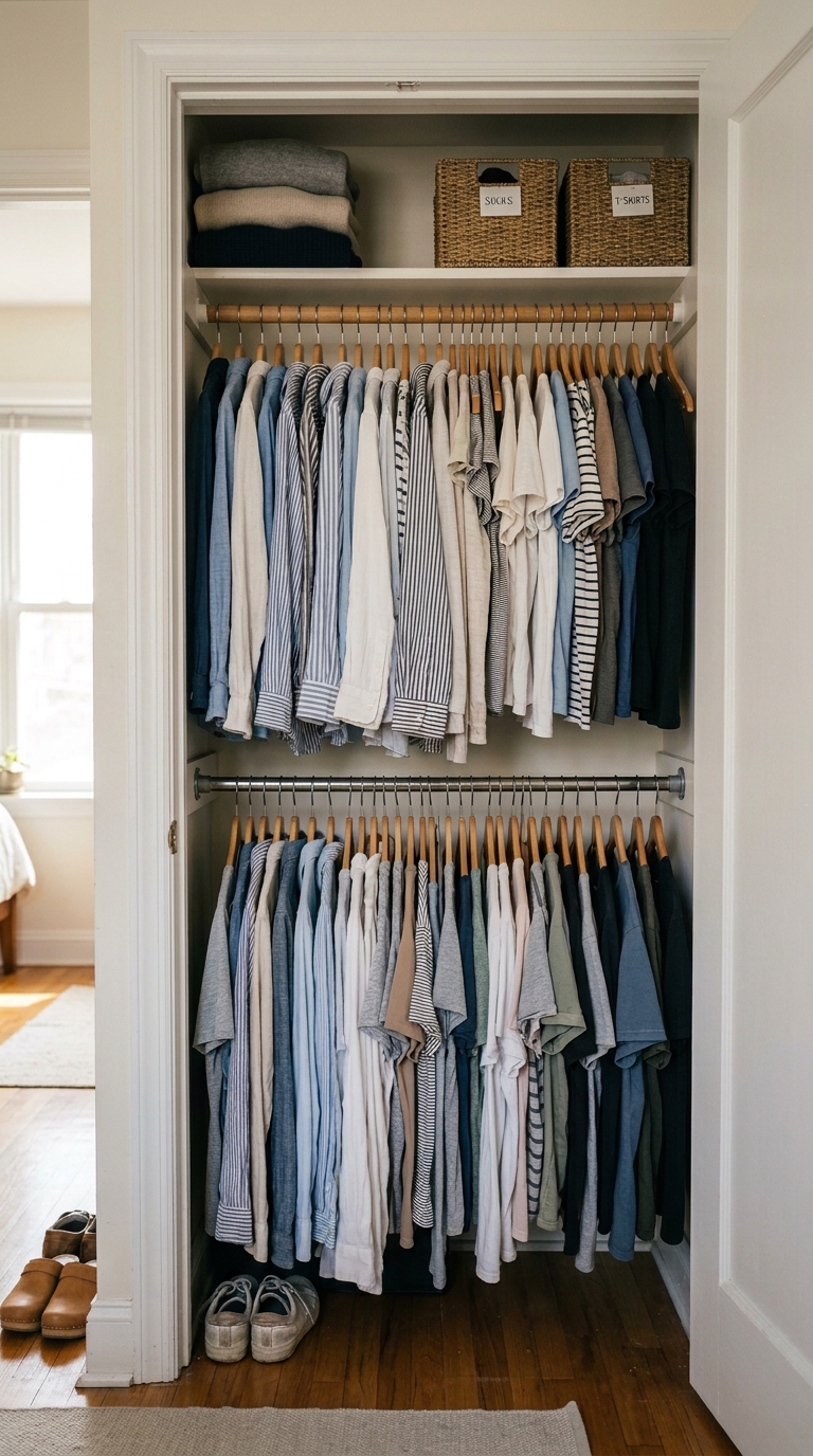 A beautiful two tier double rod wardrobe setup showcasing a clean tiny closet hanging layout with labeled storage baskets.