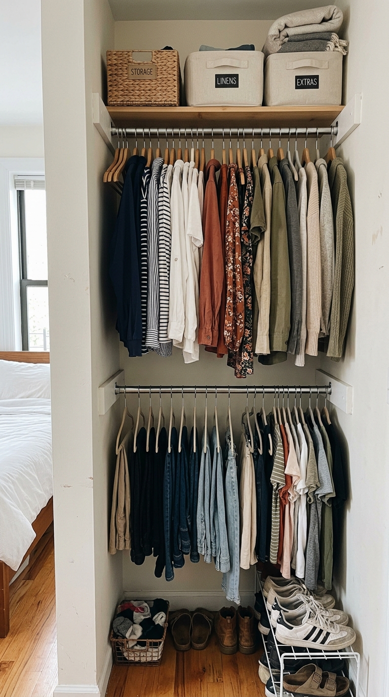 A compact small apartment closet layout utilizing a double rod system with shirts hanging on top and jeans hanging on a lower secondary rod.