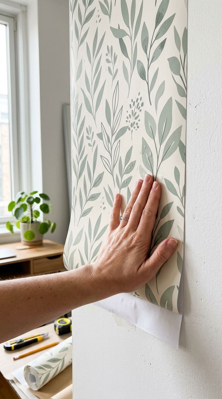 A close-up view of a hand installing a sage green botanical patterned peel-and-stick wallpaper panel onto a white rental wall.