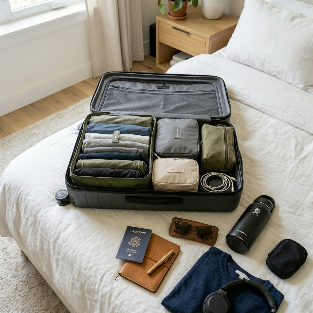 An overhead flat lay of an open carry-on suitcase on white bedding packed neatly with compression packing cubes and travel gear.