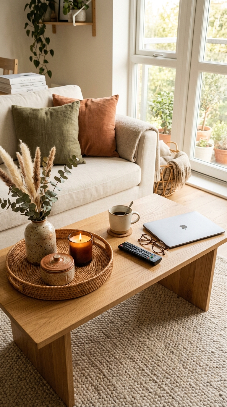 A rectangular oak coffee table styled with a woven tray, a coffee mug on a coaster, a remote, and a laptop inside a small living room.