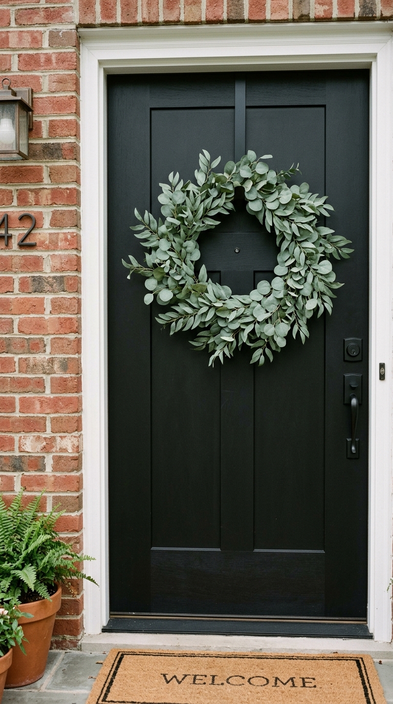 A full sage green faux eucalyptus wreath hanging on a matte black front door above a natural coir welcome mat.