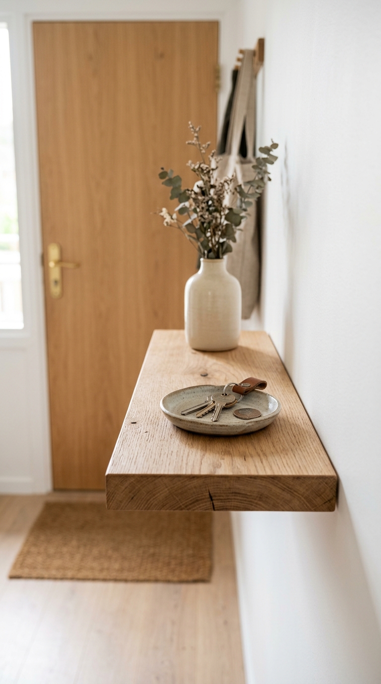 A sleek wooden floating console shelf mounted on a narrow entryway wall to hold keys and mail.