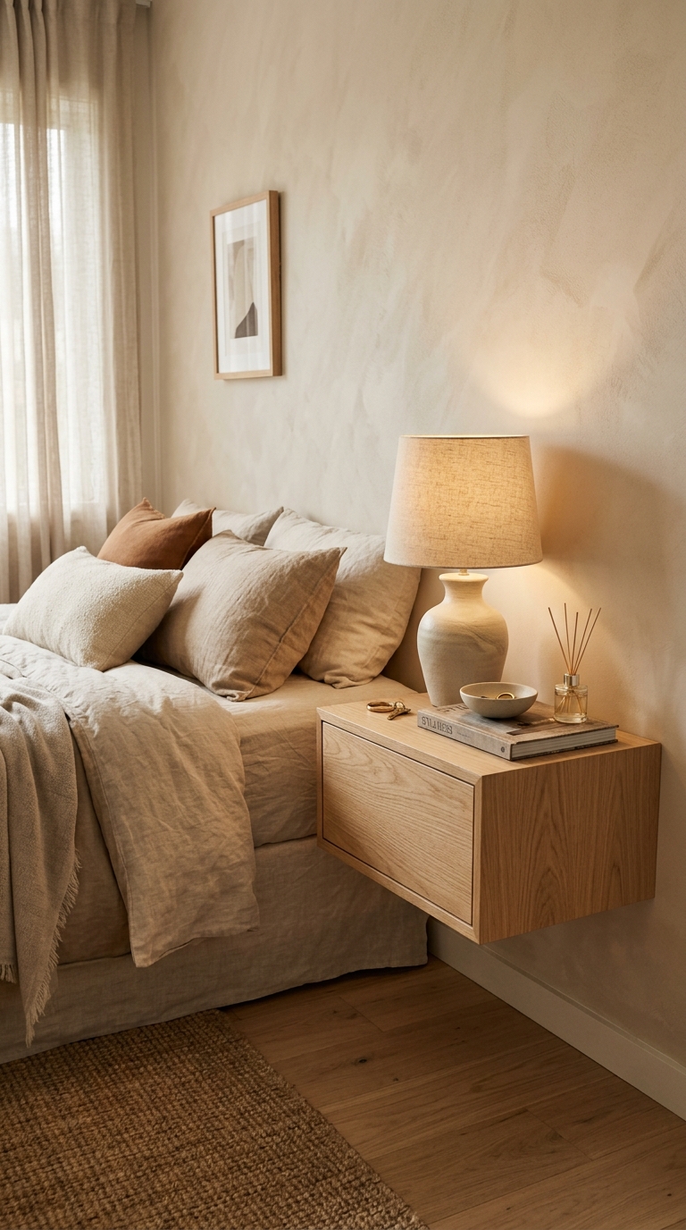 A close up of a floating oak nightstand next to a bed in a small bedroom layout ideas with queen bed plan.
