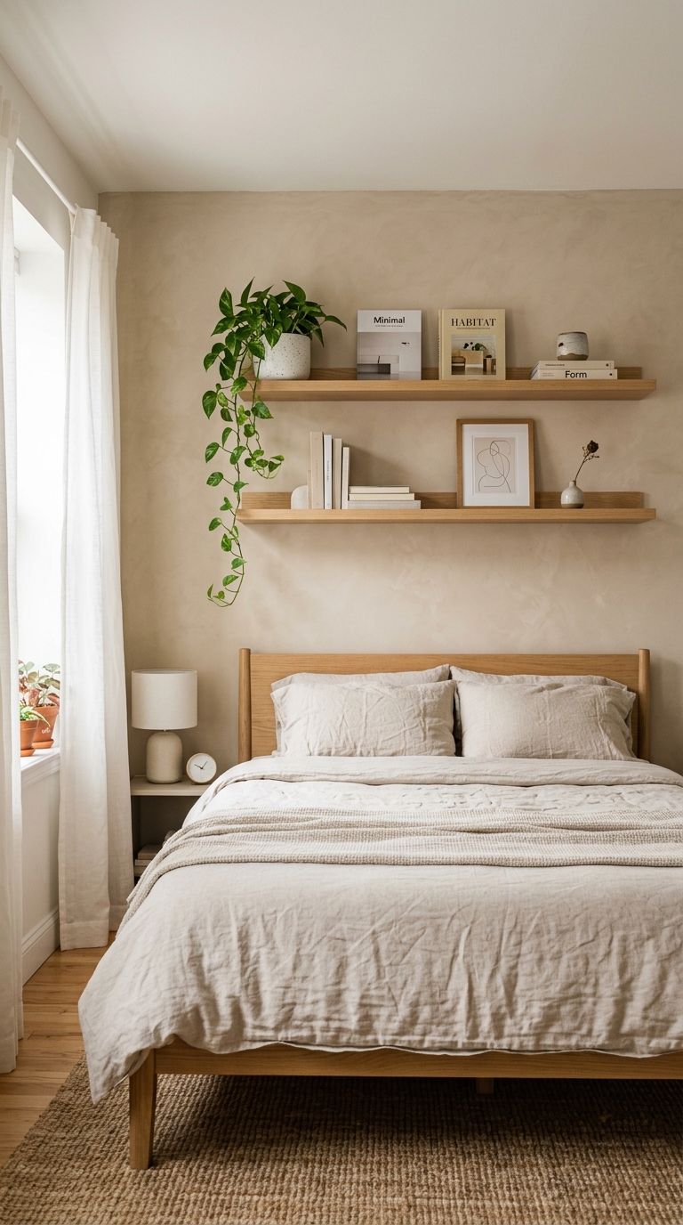 renter-friendly wall shelves above the headboard
