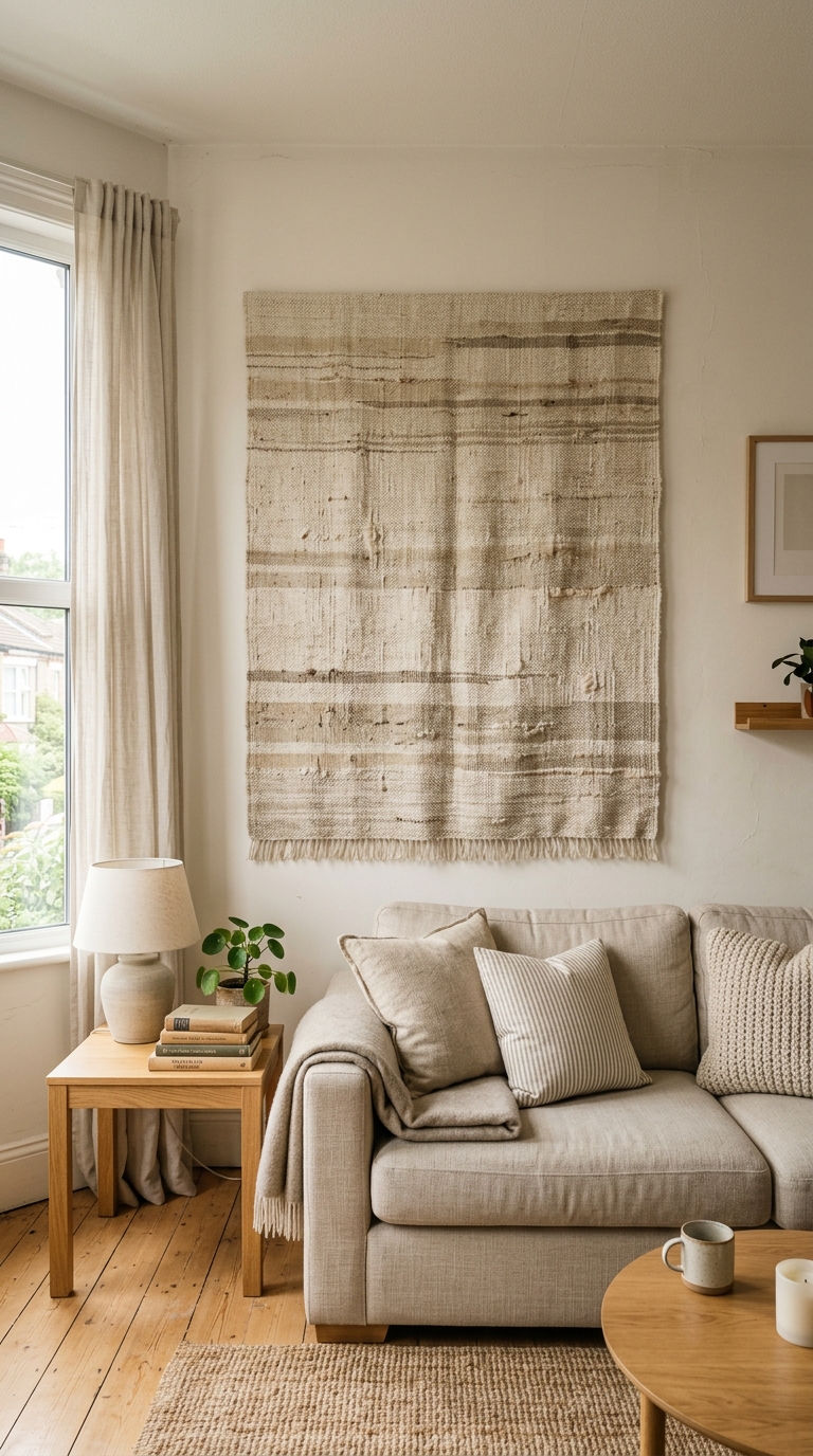  A large textured woven linen tapestry wall hanging flush as a damage-free renter friendly diy accent wall above a beige sofa and jute rug.