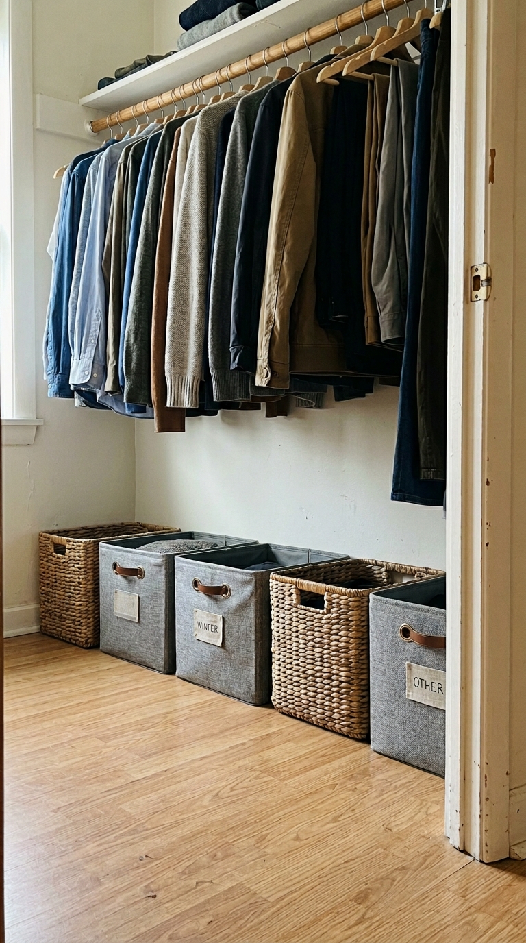 A small apartment closet layout showing grey fabric bins with labels and woven wicker baskets lined up neatly along the wooden floorboards under hanging clothes.