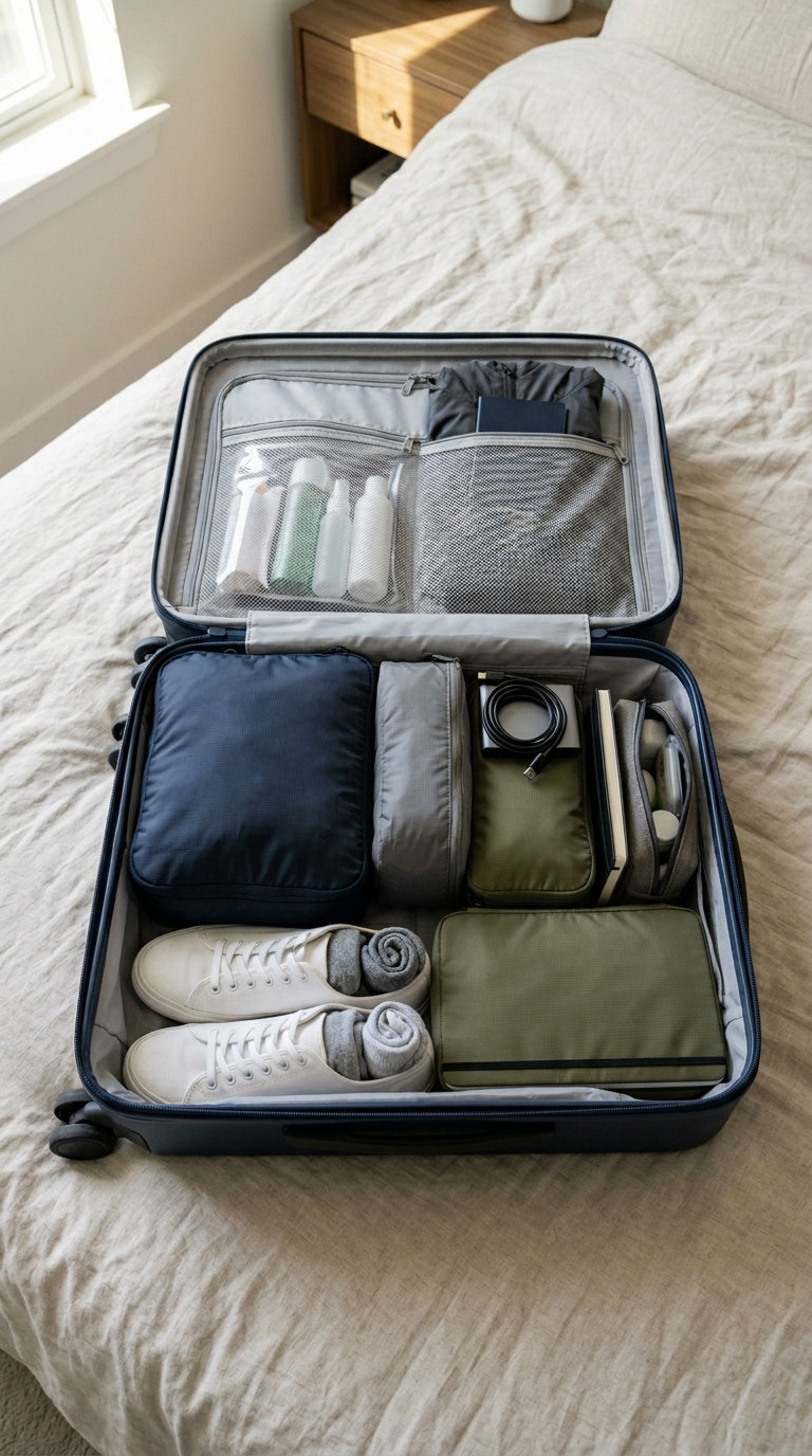 Clean white sneakers packed along the wheel base of a suitcase with rolled socks stuffed inside to save space in a packing cubes layout.