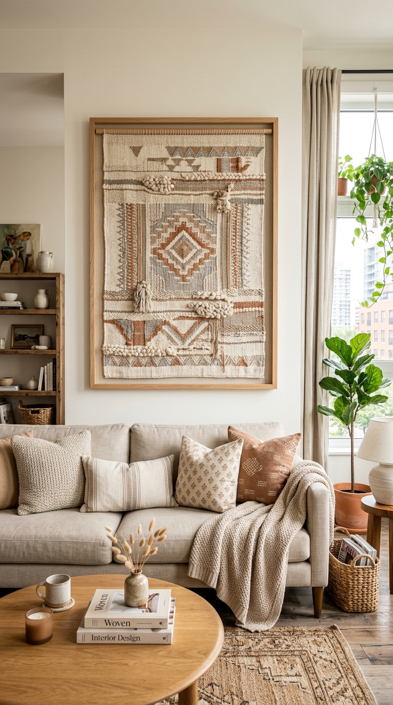A large geometric woven textile wall hanging enclosed in a wooden frame above a beige sofa with terracotta pillows and a round coffee table in an apartment living room.