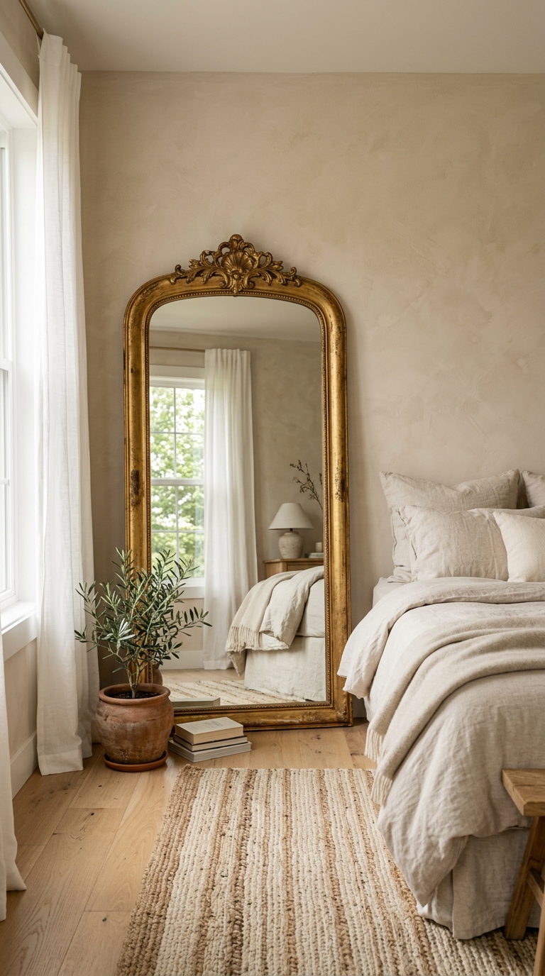 A minimalist apartment bedroom layout featuring an ornate gold full length anthropologie mirror lookalike amazon variant leaning by the bed.