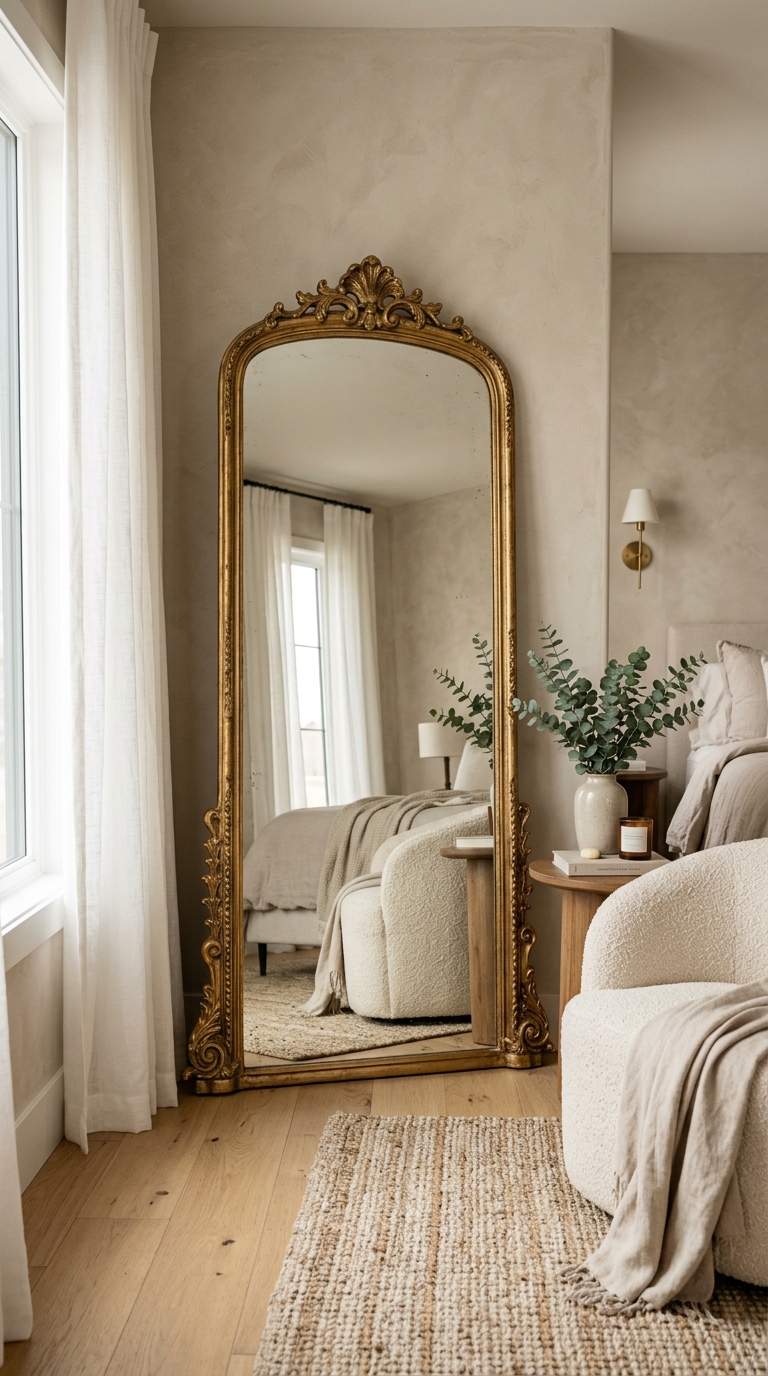 An ornate gold full length arch anthropologie mirror lookalike amazon variant leaning against a bedroom wall.