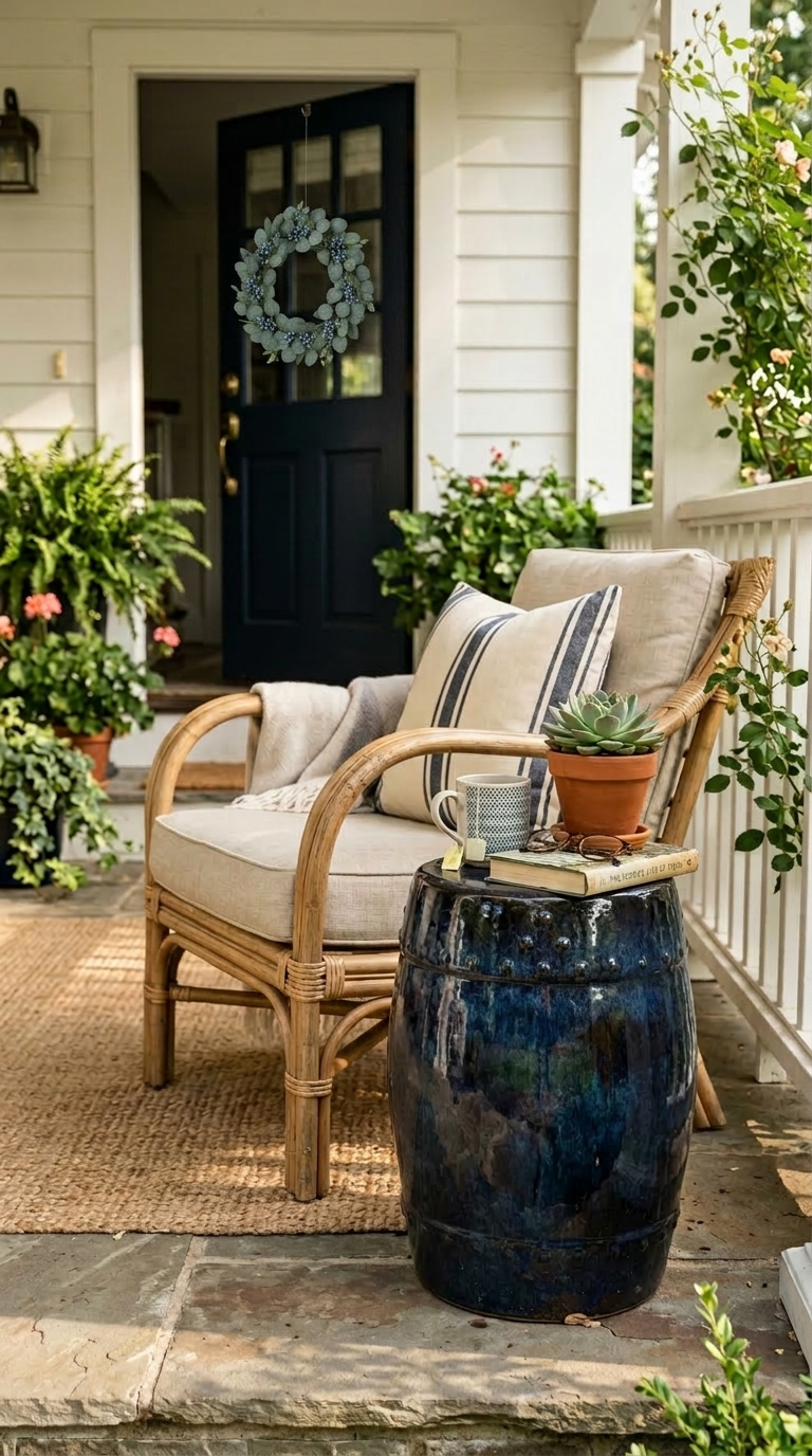 A glossy navy blue glazed ceramic garden stool used as a side table next to a rattan porch chair with a striped pillow.