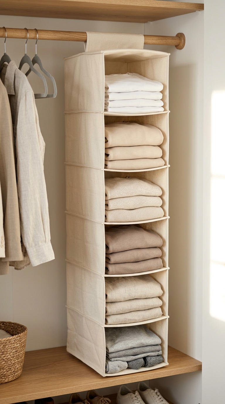 A multi tier cream canvas fabric hanging storage column inside a wardrobe layout.