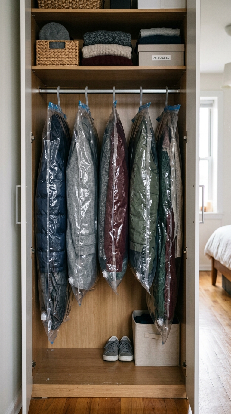 Heavy winter coats compressed flat inside hanging vacuum storage bags on a clothing rod inside a tiny closet hanging layout.
