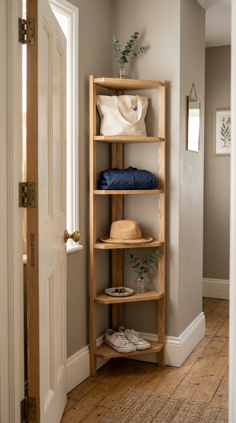 A slender triangular wood corner shelf layout tucked behind an open entryway door to hold bags keys and shoes.