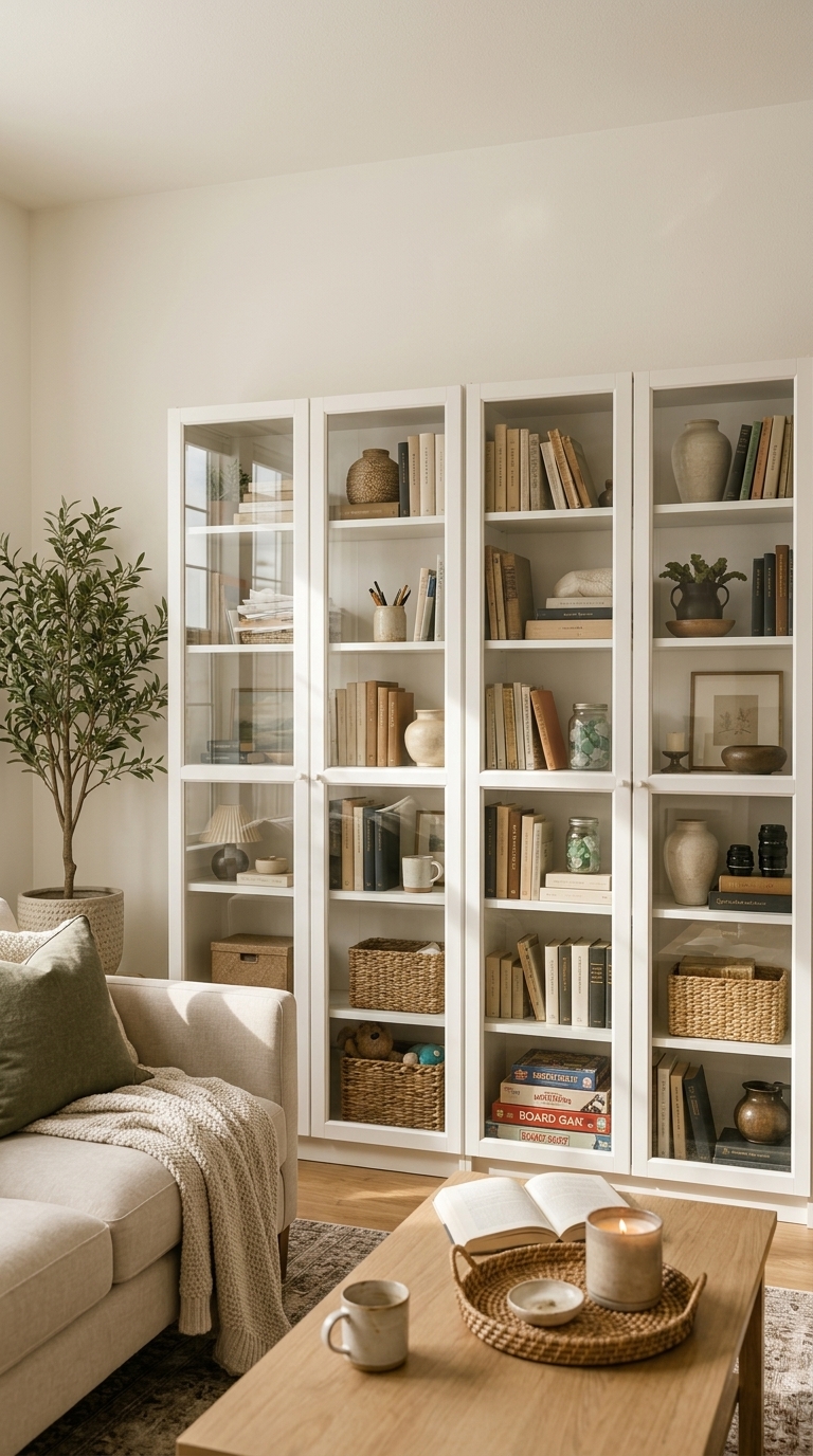 A styled white IKEA Billy bookcase with glass doors inside a Scandinavian living room apartment layout.