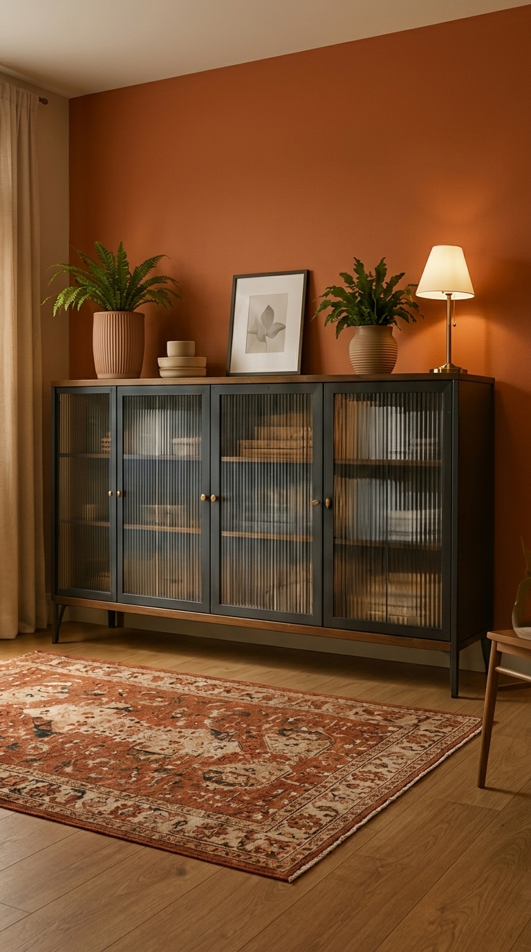 An industrial matte black steel console cabinet with fluted glass doors.