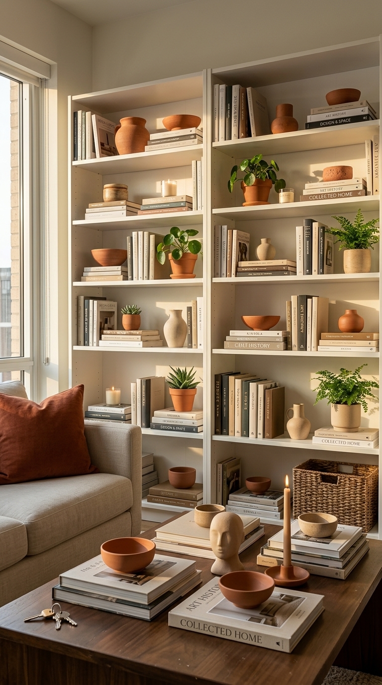 A white bookcase shelf styled with horizontal coffee table book stacks and terracotta vases showing ikea billy bookcase styling ideas.