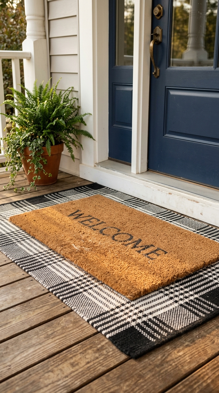 A classic natural coir welcome mat layered perfectly on top of a larger black and white buffalo plaid outdoor accent rug on a wooden porch layout.