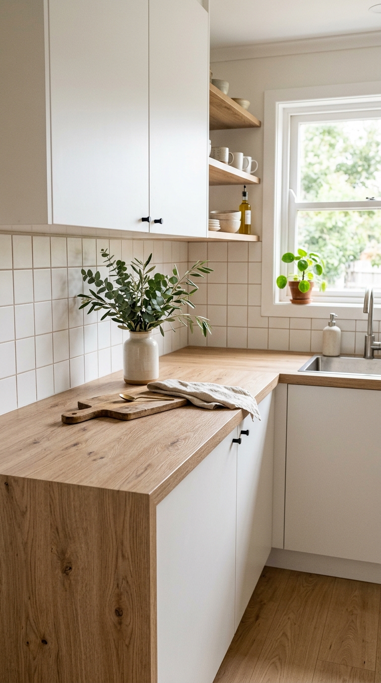 A bright minimalist kitchen featuring light oak wood grain renter friendly peel and stick countertops with white cabinets.