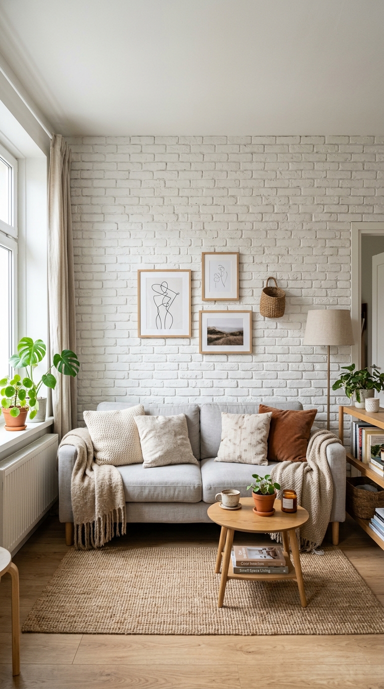 A realistic white faux brick accent wall in a small apartment living room layout behind a grey sofa and round oak coffee table.