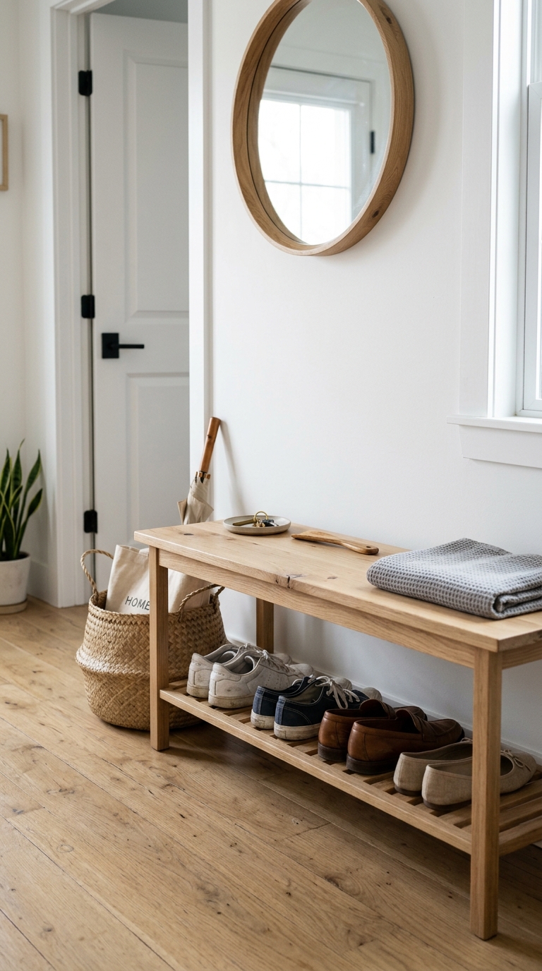 A slender light wood minimalist entryway bench layout with open lower shoe storage shelves against a white wall.