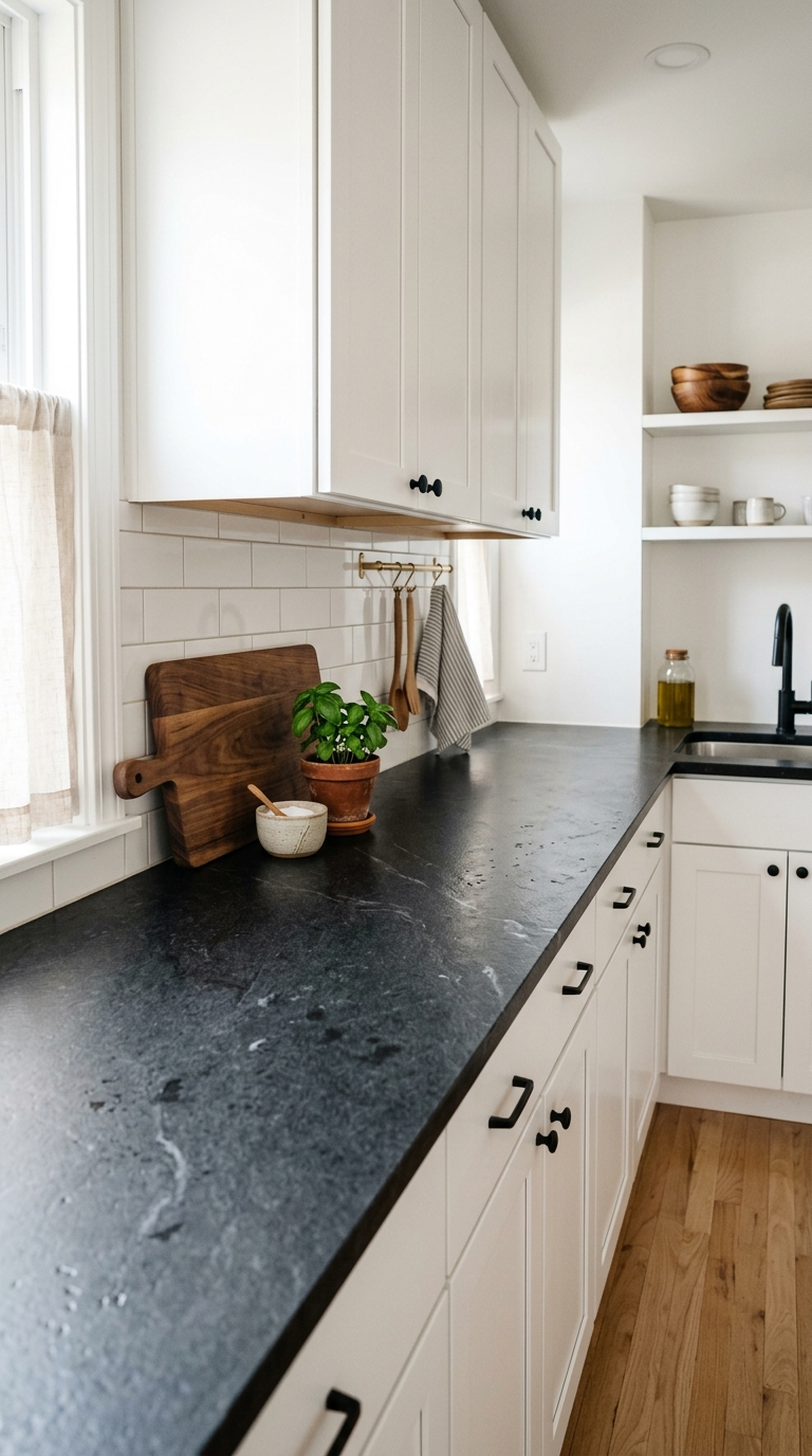 A minimalist apartment kitchen layout featuring matte black soapstone renter friendly peel and stick countertops with white cabinets.