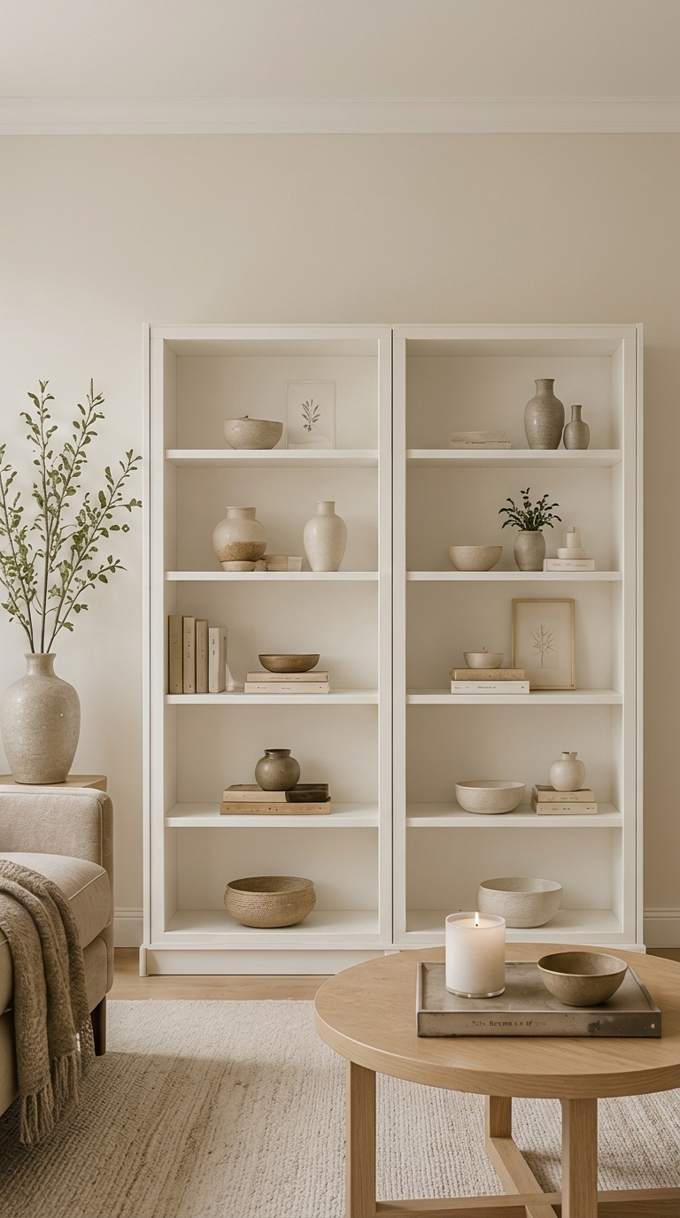 A white bookcase styled with a minimal Scandinavian styling system and ceramic vases showing ikea billy bookcase styling ideas.