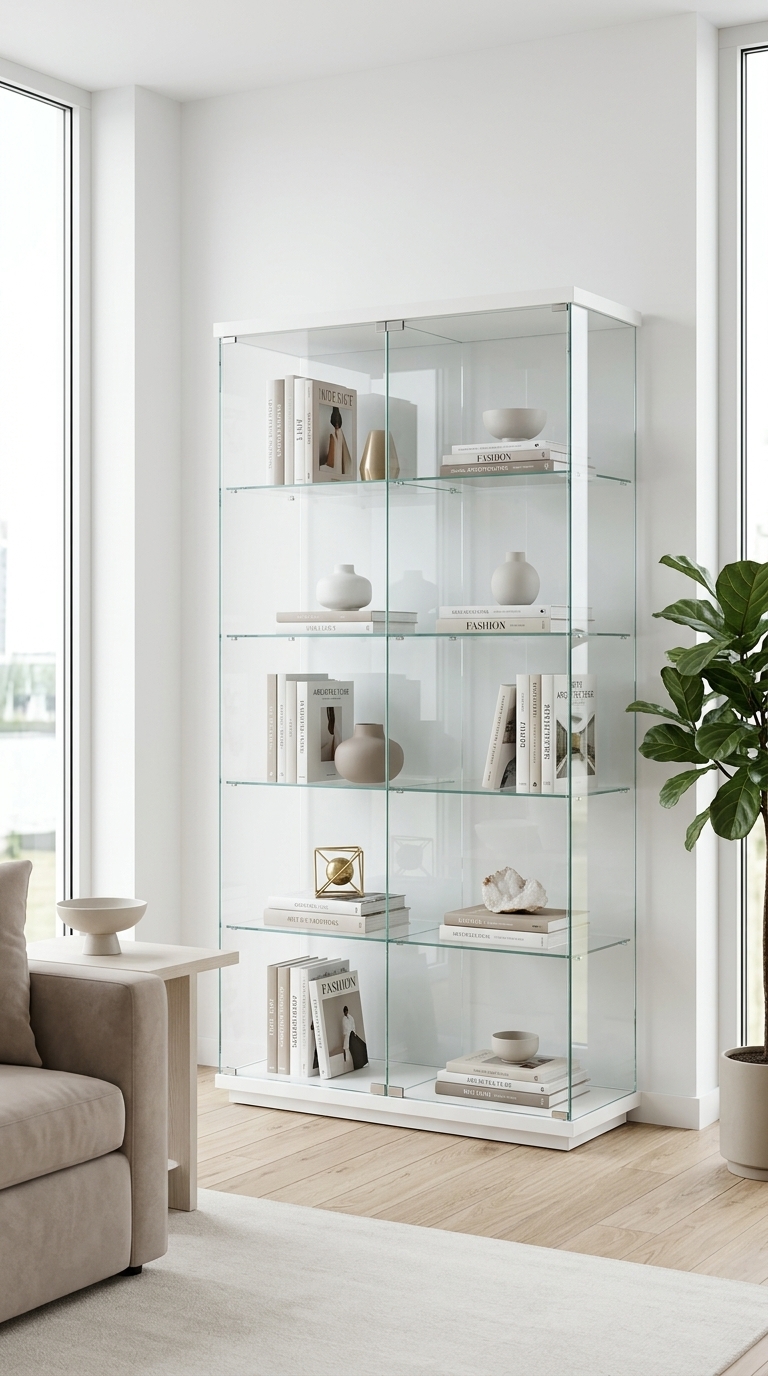 A minimalist frameless glass display cabinet with clear glass shelves showing bookcases with glass doors ideas.