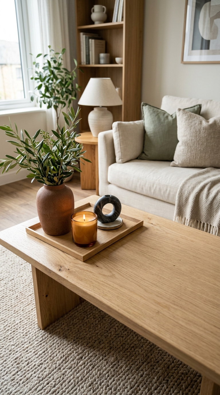 A rectangular oak coffee table styled with a terracotta vase and amber candle showing a minimalist negative space framework.