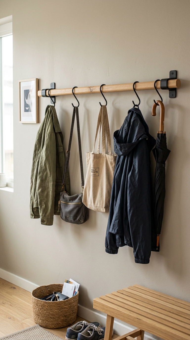 A sleek oak and black metal horizontal rail with S-hooks holding jackets and bags in an entryway layout.