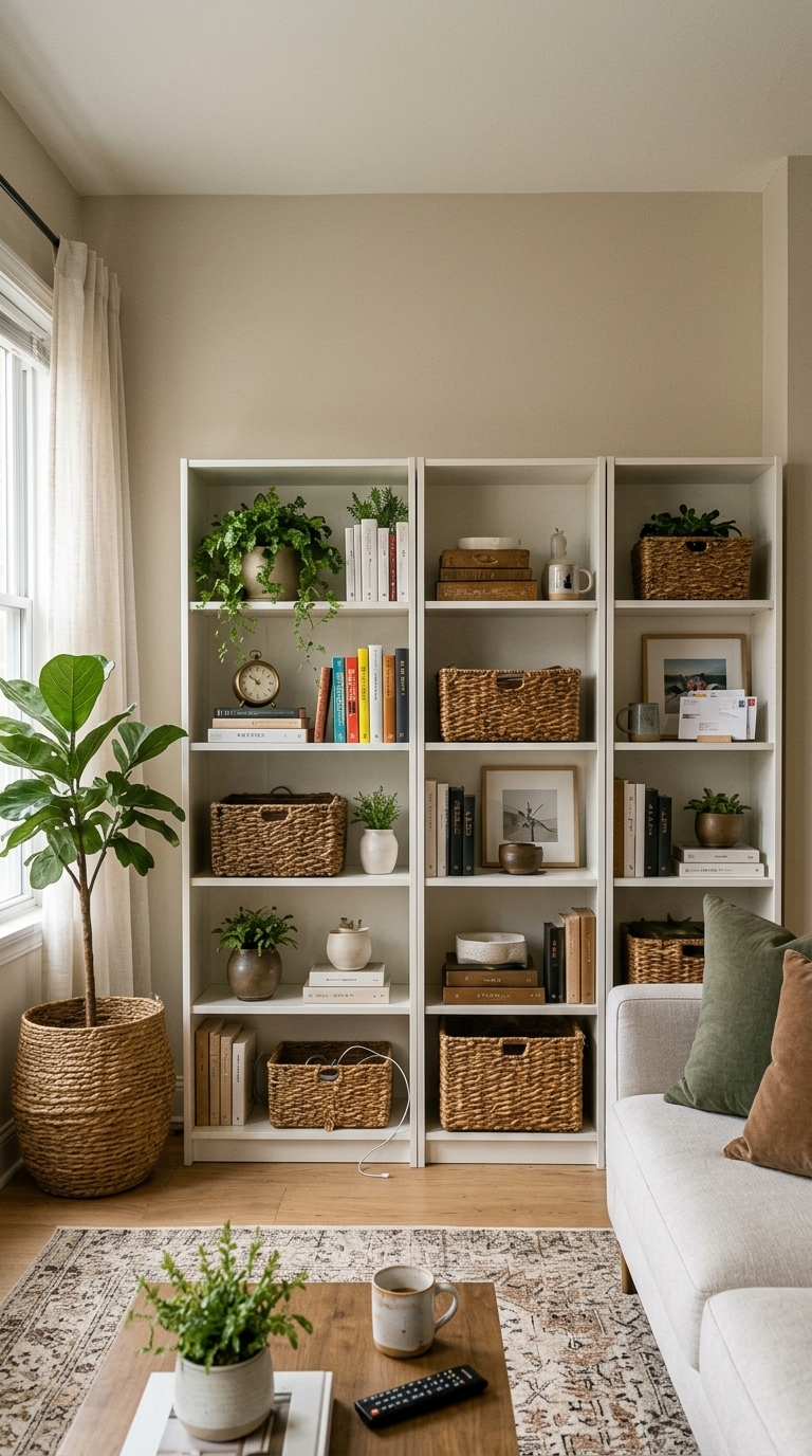 A white storage unit styled with matching woven wicker baskets and reading hardcovers.