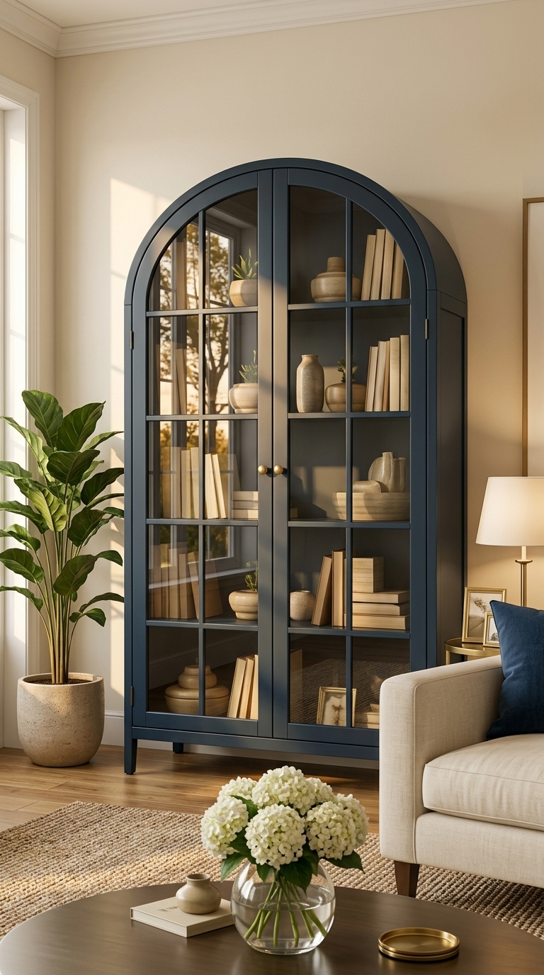 A deep navy arched display cabinet with brass handles next to a couch.