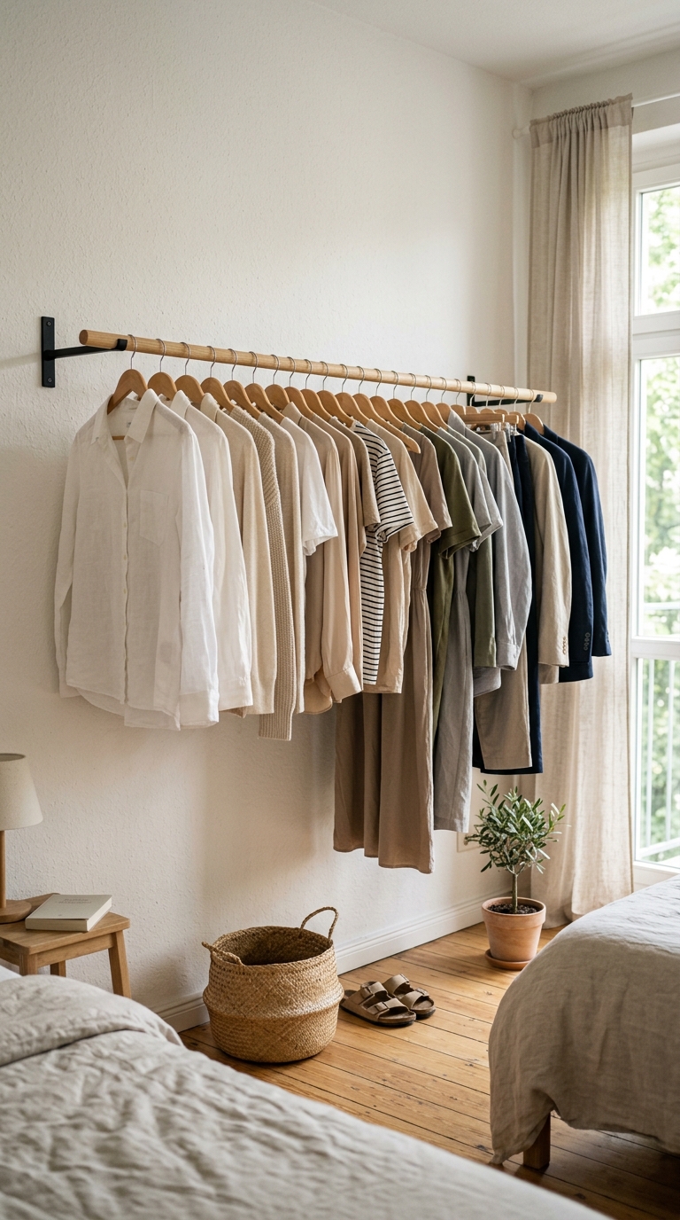 A sleek wall mounted wooden clothing rail with black industrial brackets holding an organized neutral capsule wardrobe.