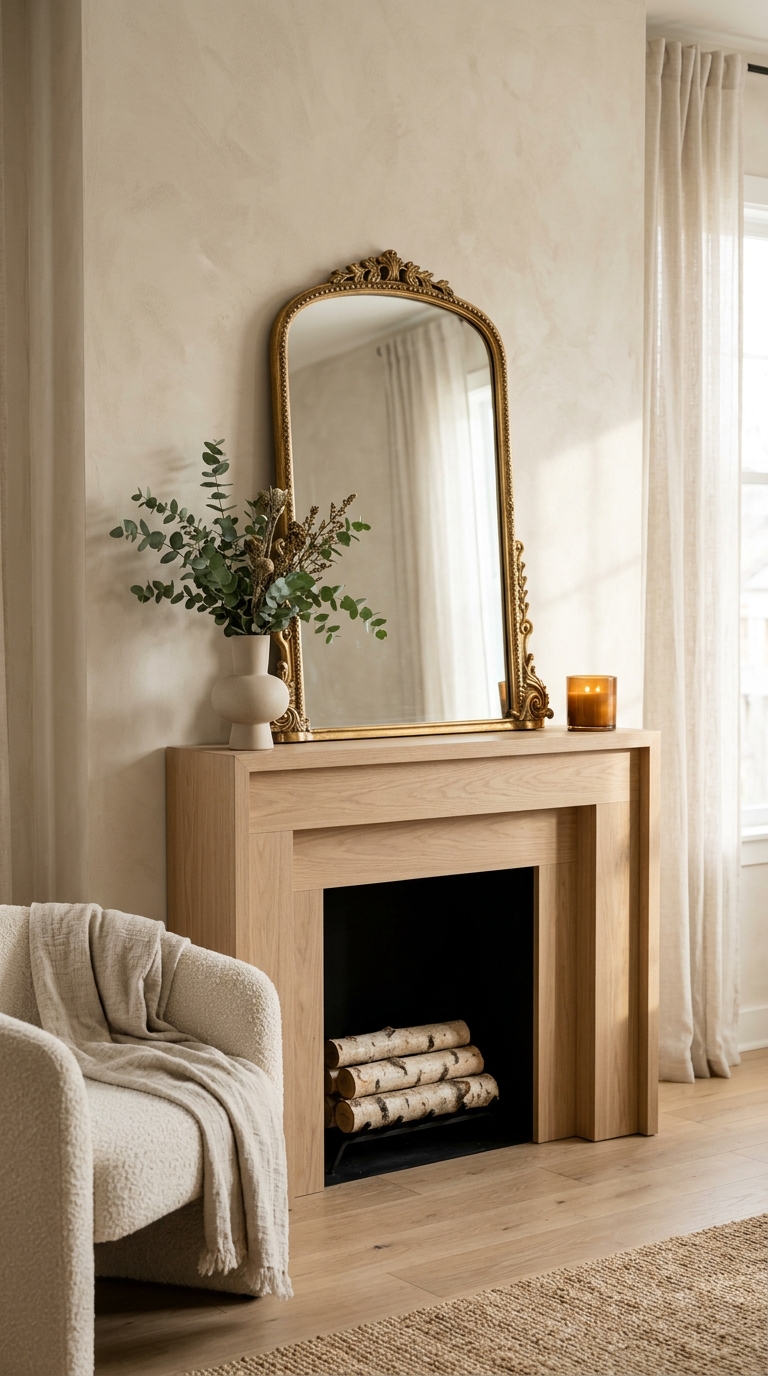 An ornate gold arch mantle mirror sitting flat on a light wood faux fireplace mantel in a minimalist living room layout.