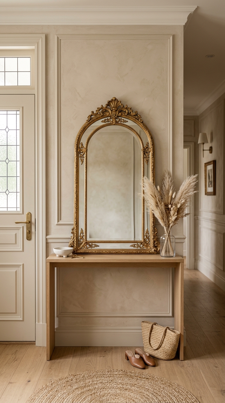 An ornate gold arch mirror sitting flat on a slim oak console table in a minimalist entryway layout.