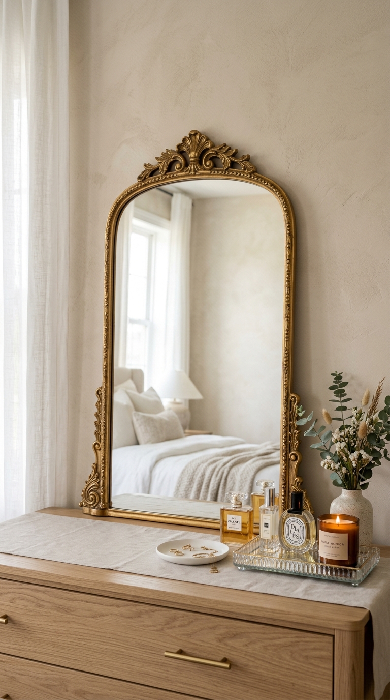 An ornate gold arch vanity mirror sitting flat on a light oak bedroom dresser layout.