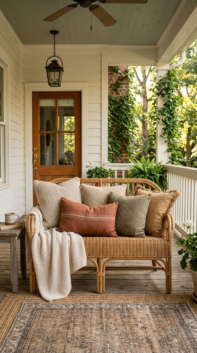 A cozy front porch layout featuring a rattan bench styled with an assortment of textured cream, olive green, mustard yellow, and terracotta rust throw pillows.