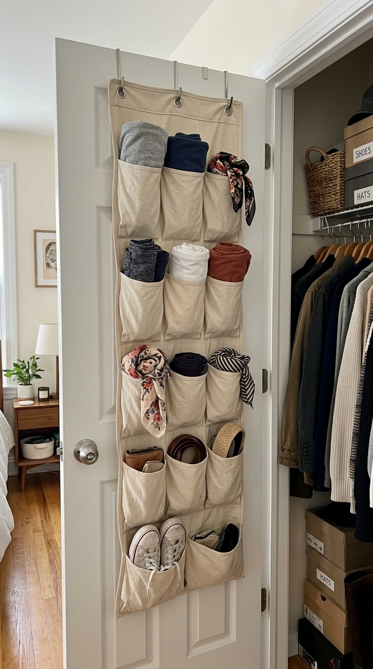 A neutral cream canvas over-the-door pocket organizer hanging on a white closet door filled with rolled clothes, belts, scarves, and sneakers.