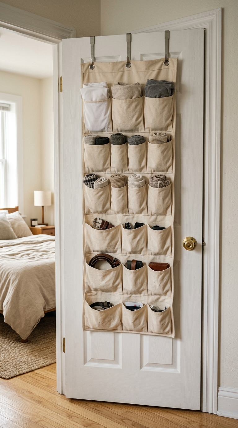 A minimalist cream canvas over the door pocket organizer hanging on a white bedroom door holding clothes.