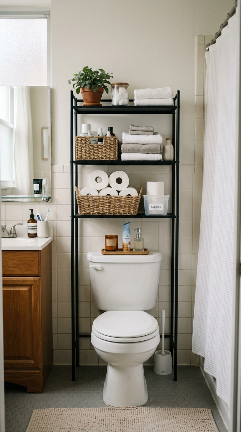 A black iron freestanding shelf frame showing over the toilet storage ideas for small bathrooms.